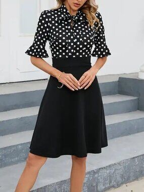 Ranphee Black White Polka Dot Bodice Tie-Neck Fit & Flare Skater Dress Size M